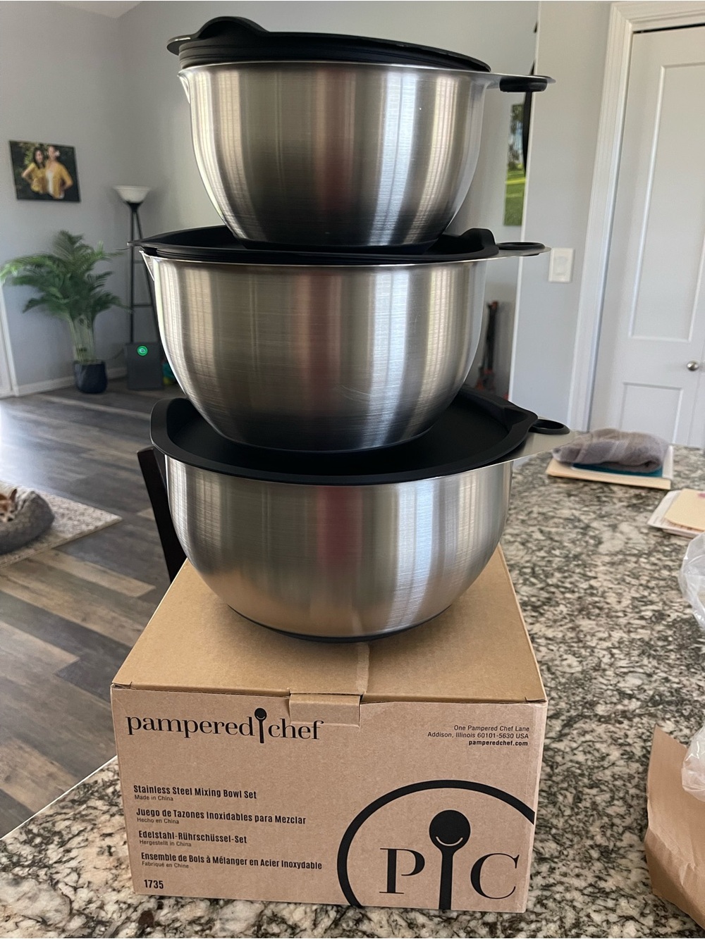 Pampered Chef Stainless Steel Mixing Bowl Set with Black Lids